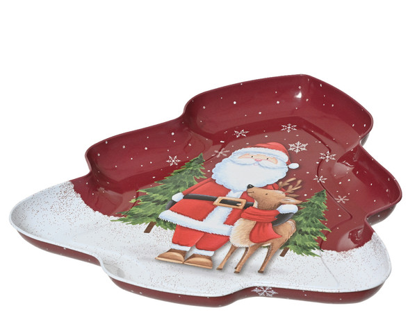 Deco plate tin Tree Shape with santa and tree and deer 25cm