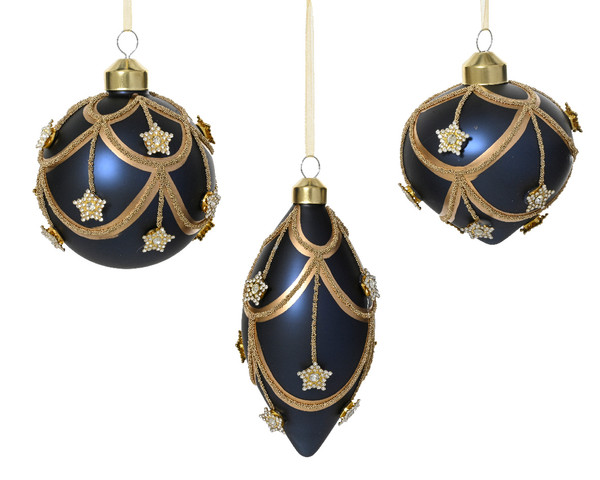 Bauble glass matt with silver inside with star diamond 3ass