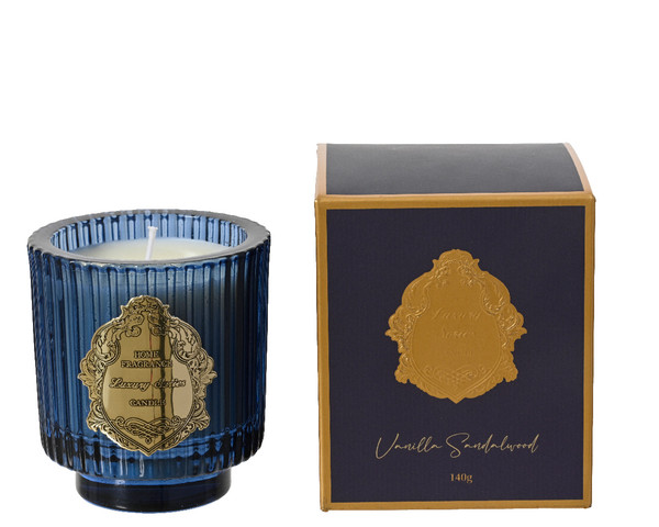Vanilla Sandlewood Scented candle Blue glass 7cmx8cm