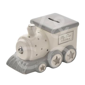 Bambino Cermaic Train Shaped Babys First Bank Money Box Grey