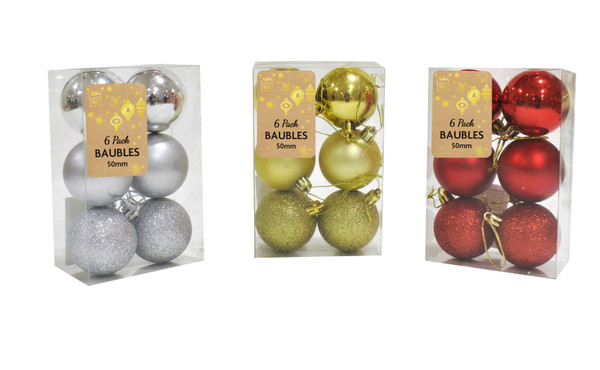 50mm Baubles 6 pack in Red Gold or Silver