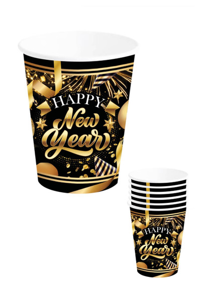 Happy New Year Paper Cups 240ml 9cm Pk6