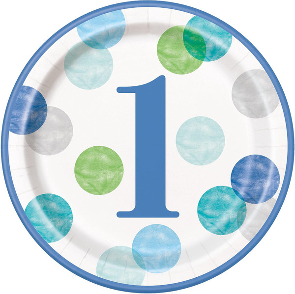 1st Birthday Blue Dots Plates Pk8 9in