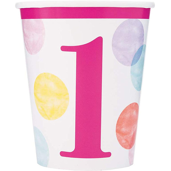 1st Birthday Pink Dots Cups Pk8 270ml