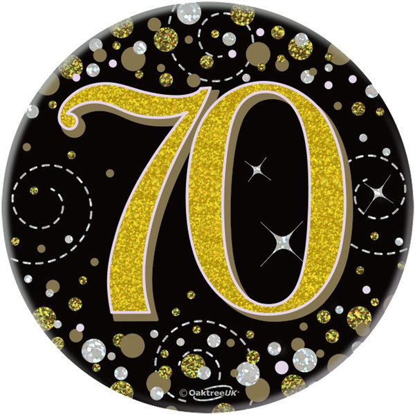 3in Black Gold Sparkling Fizz Badge 70th Birthday