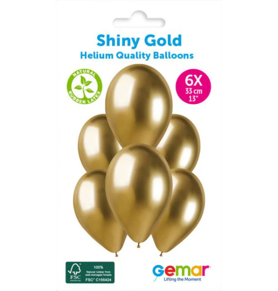 13in Latex Balloons Pk6 Shiny Gold