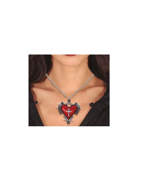 Heart Necklace with Ruby Red Stone with Cross Print 5cm
