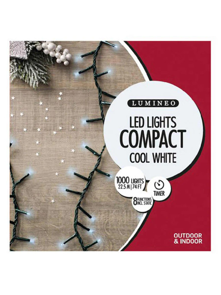 1000 LED Compact String Lights Cool White Green Cable