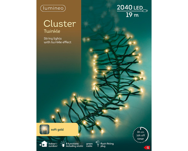 2040 LED Cluster lights twinkle effect indoor or outdoor Soft Gold Green cable
