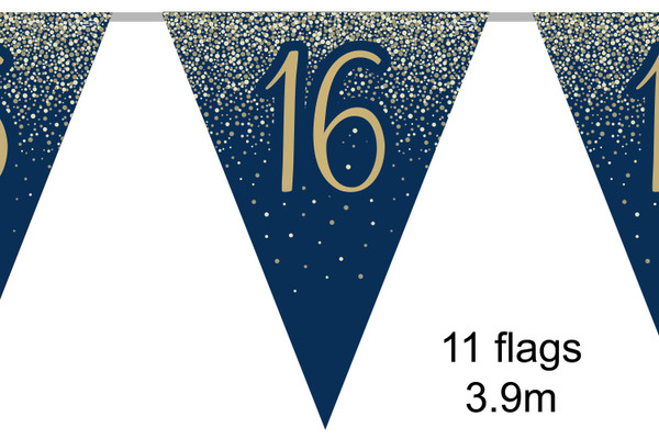 Navy Gold Metallic Glitter Bunting 11 Flags Age 16 3.9m