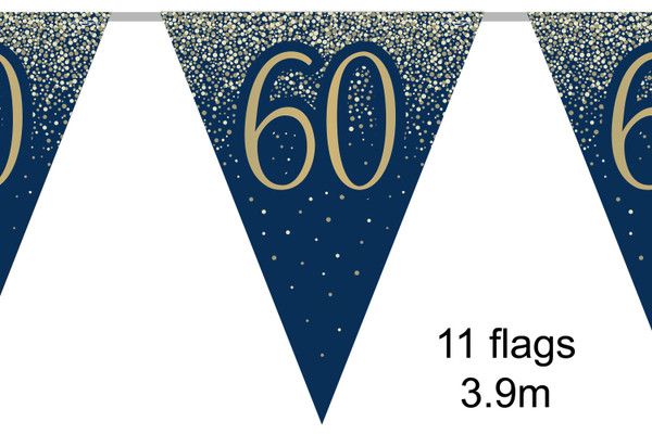 Navy Gold Metallic Glitter Bunting 11 Flags Age 60 3.9m