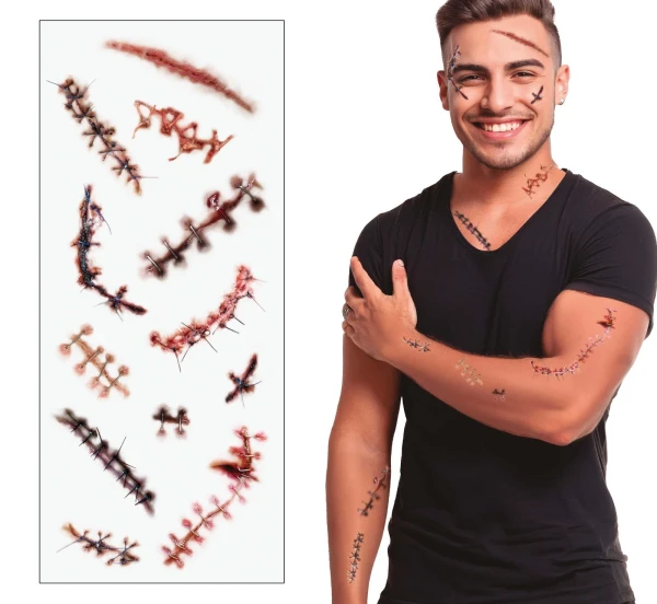Scar and Stitched Fake Tattoos 30x13cm