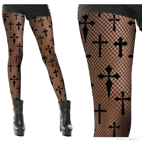 Adult Black Fishnet Tights with Crosses One Size