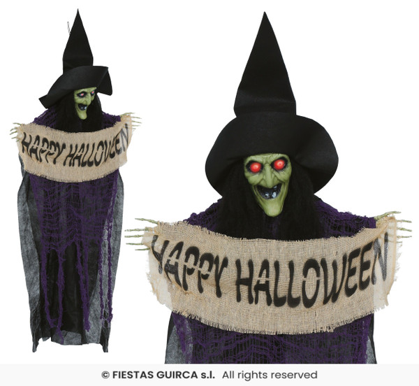 Hanging Witch with Happy Halloween Sign 110cm
