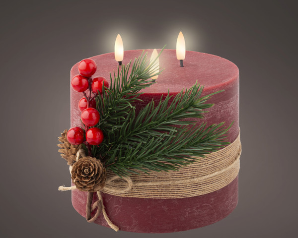 LED Candle Flame Effect 3 Wick Dark Red Battery Operated 15cm