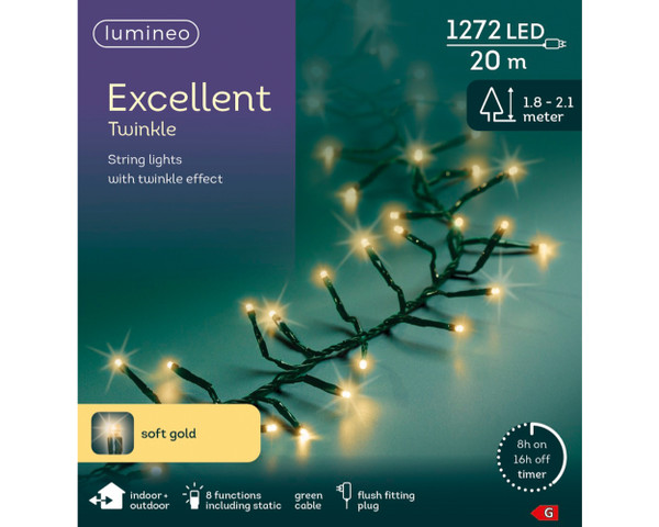 1272 LED Excellent String Lights Twinkle Effect Indoor Outdoor Soft Gold with Green Cable