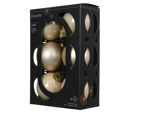 Glass Baubles 6 Shiny Matt Mix Pearl 8cm