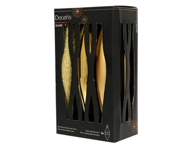 Glass Icicle Baubles 6 Shiny Matt Glitter Mix Light Gold 2.5 x 14.5cm