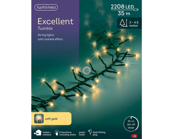2208 LED Excellent String Lights Twinkle Effect Indoor Outdoor Soft Gold with Green Cable