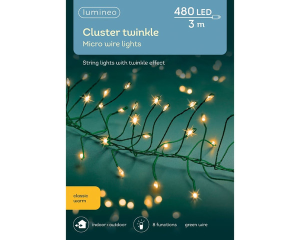 480 Micro LED Cluster Lights Twinkle Effect Indoor Outdoor Classic Warm with Green Cable
