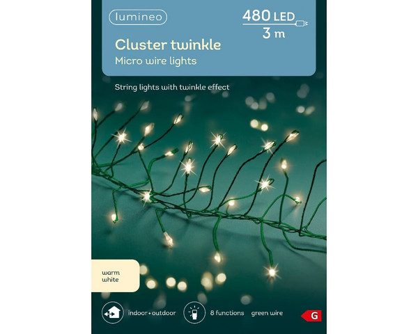 480 Micro LED Cluster Lights Twinkle Effect Indoor Outdoor Warm White with Green Cable