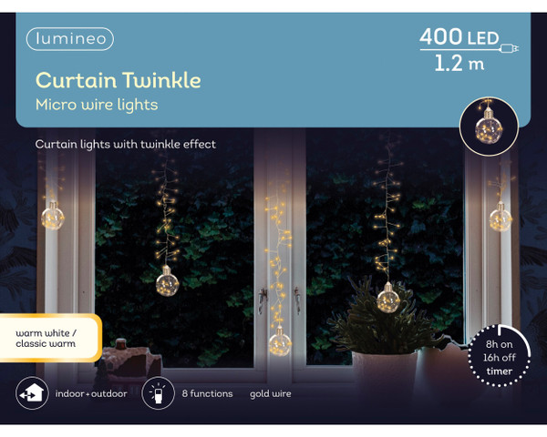 400 LED Micro Wire Bauble Curtain Lights 8 Function with Twinkle Effect Warm White Classic Warm with Gold Wire