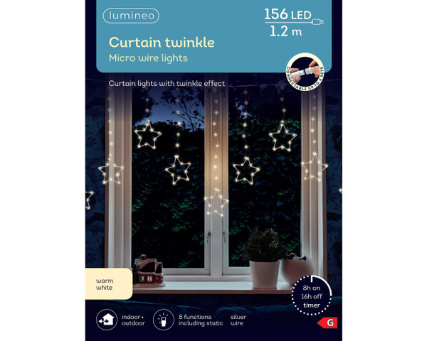 156 LED Connectable Micro Wire Star Curtain Lights 8 Function with Twinkle Effect Warm White with Silver Wire