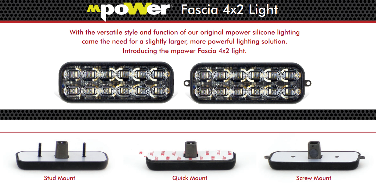 SoundOff Signal mPOWER Fascia 4x2 inch LED Light Head EMPSA05, Double Stacked, 36-LED (3 colors) per head, 18 Inch Pigtail, White housing, Quick (Surface or Flush) Mount, RED/BLUE/WHITE