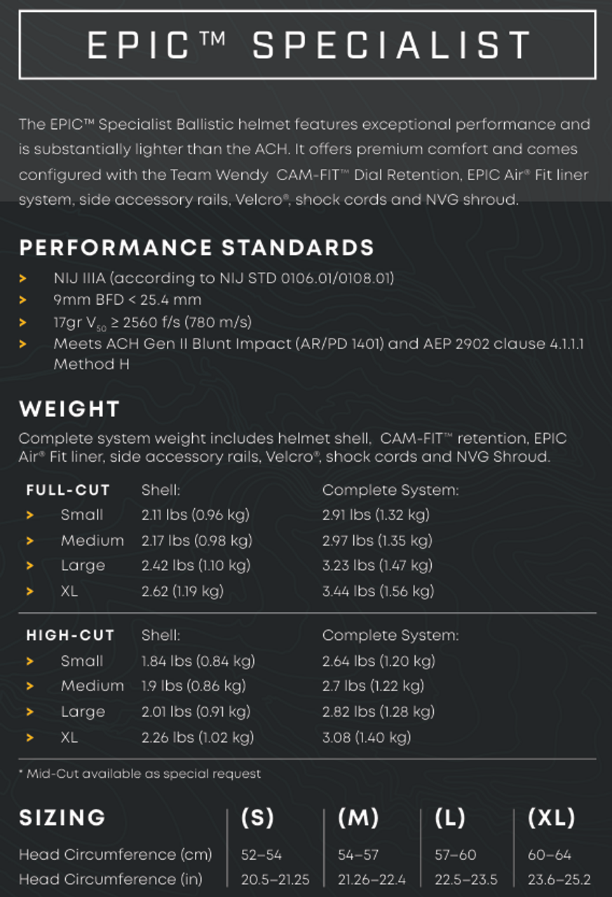 Avon Protection - EPIC Specialist Ballistic Helmet - Includes CAM FIT Dial Retention, EPIC Air Fit Liner System, NVG Shroud, Rails, Velcro & Shock Cords