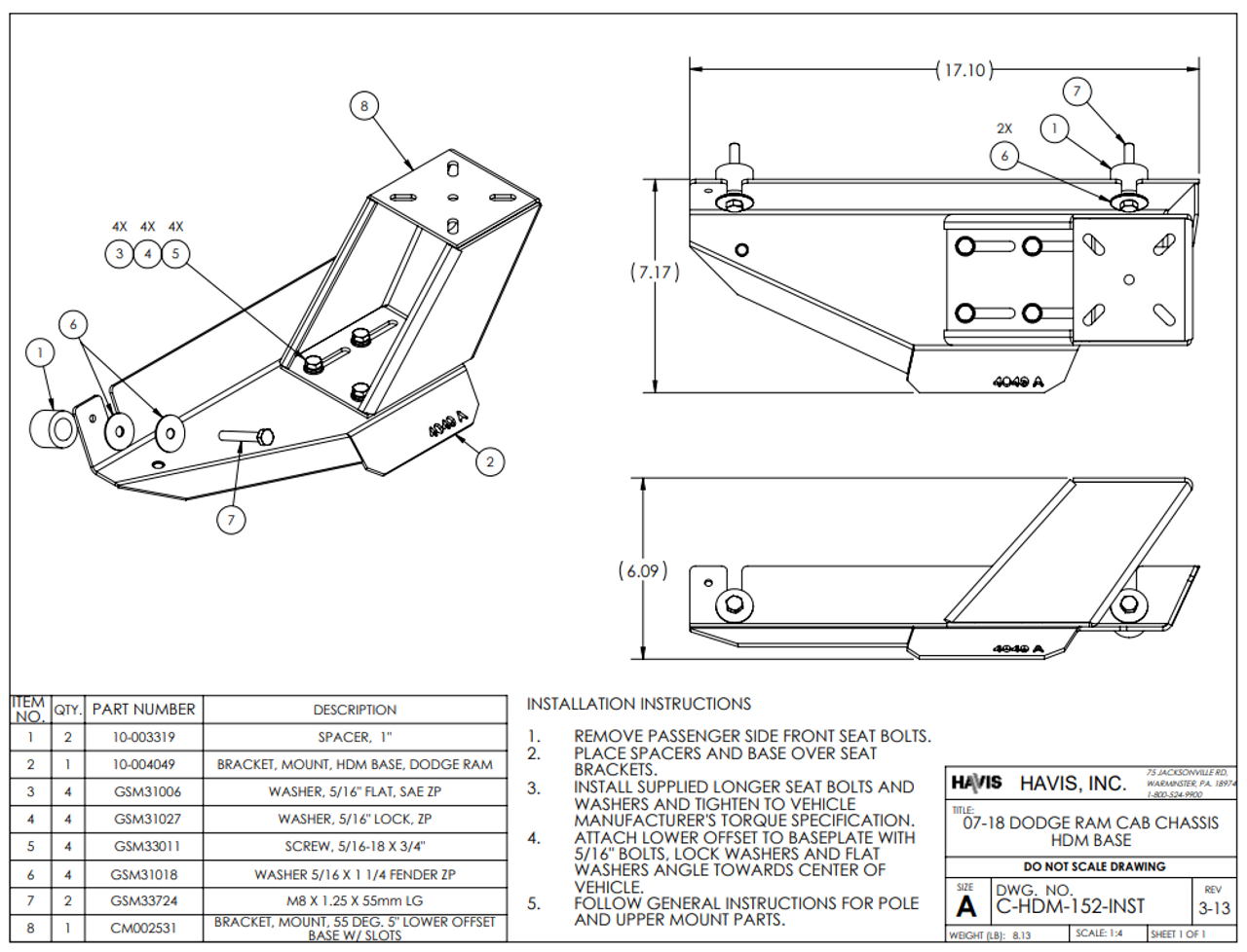 Havis PKG-PSM-152 Standard Pedestal Mount Kit, Dodge Ram 4500/5500 Chassis Cab Truck, 2013-24