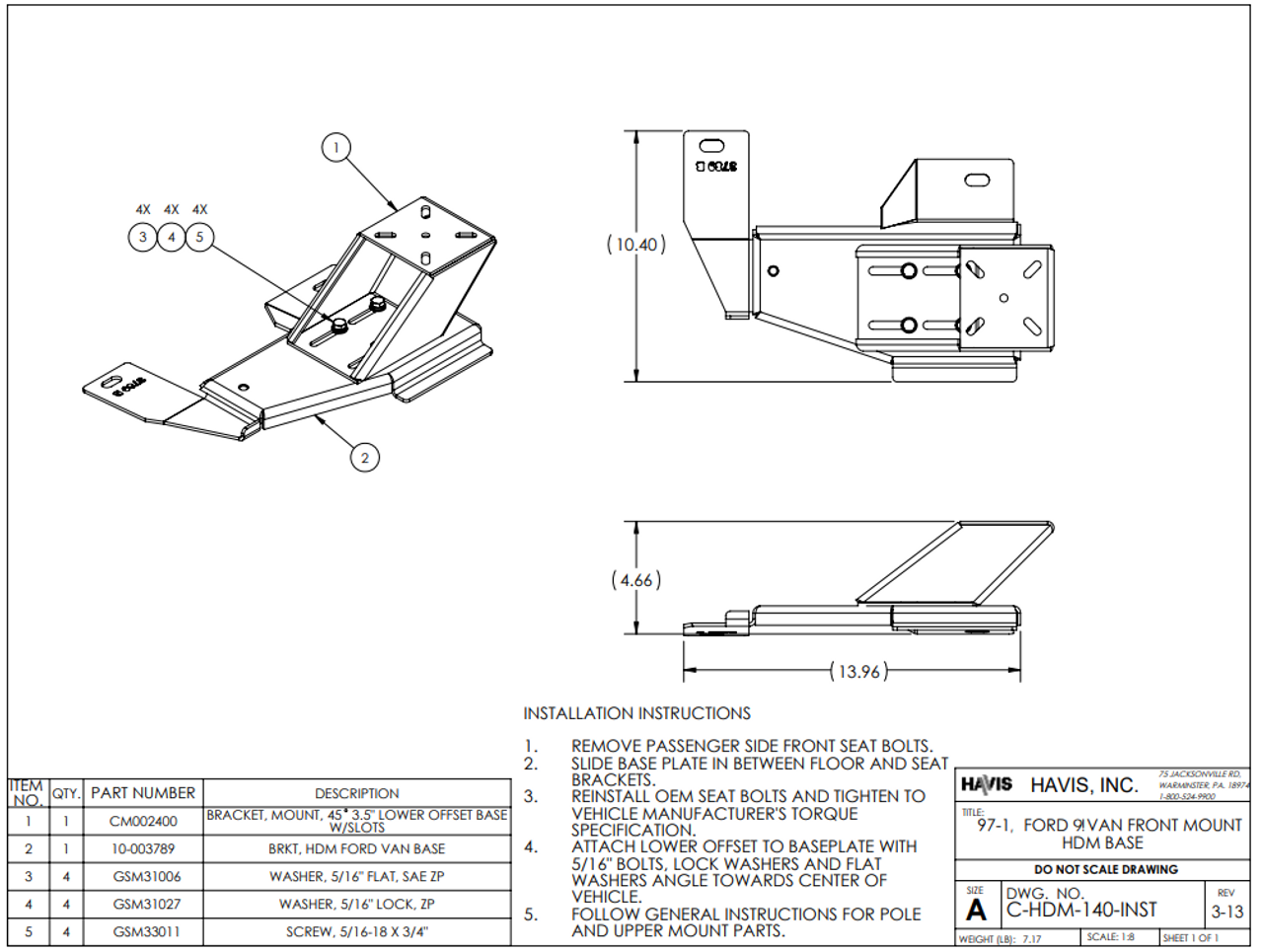 Havis PKG-PSM-140 Standard Pedestal Mount Package, Ford E-Series Van, 1997-2024