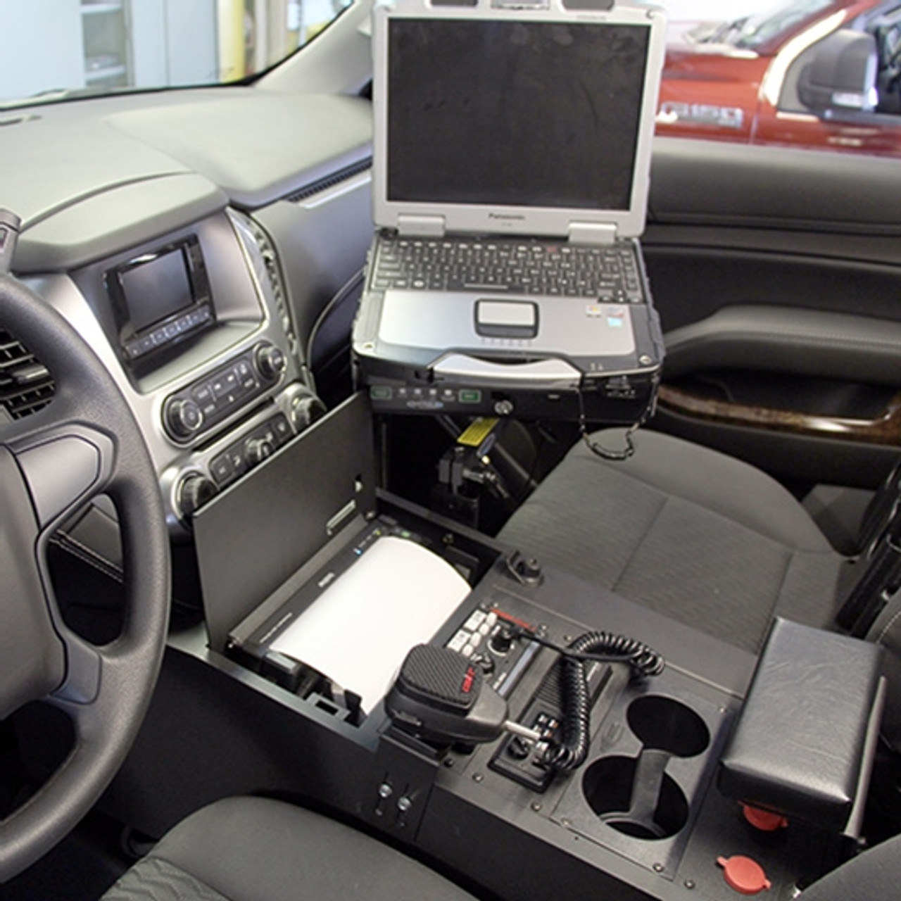 Jotto Desk Chevy Tahoe 2015-2020 Wide Body Contour Law Enforcement Console with Integrated Pentax Brother Printer Slot (Printer sold separately), includes faceplates and filler panels