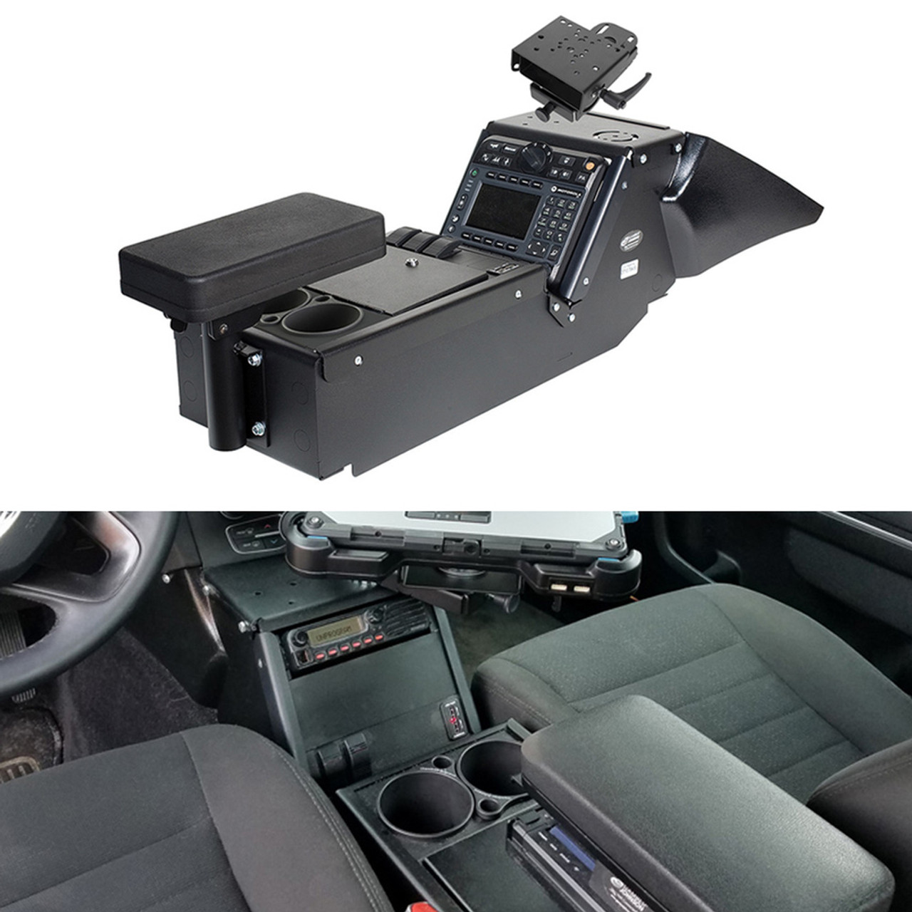 Gamber Johnson 7170-0137-05 Dodge Charger Law Enforcement Package (2011-2021) Console Box with Cup Holder, Armrest and 6" Locking Slide Arm Motion Attachment Kit, includes faceplates and filler panels