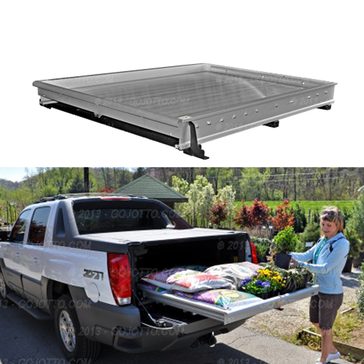 Jotto-Cargo Slide 410-9040, Truck-Bed Cargo Slide fits Lincoln LT with 5.5' Bed, 800 lbs Capacity, 65" Length, 49" Width, Weighs 106 lbs, Aluminum, with optional AlumaPlank Flooring system