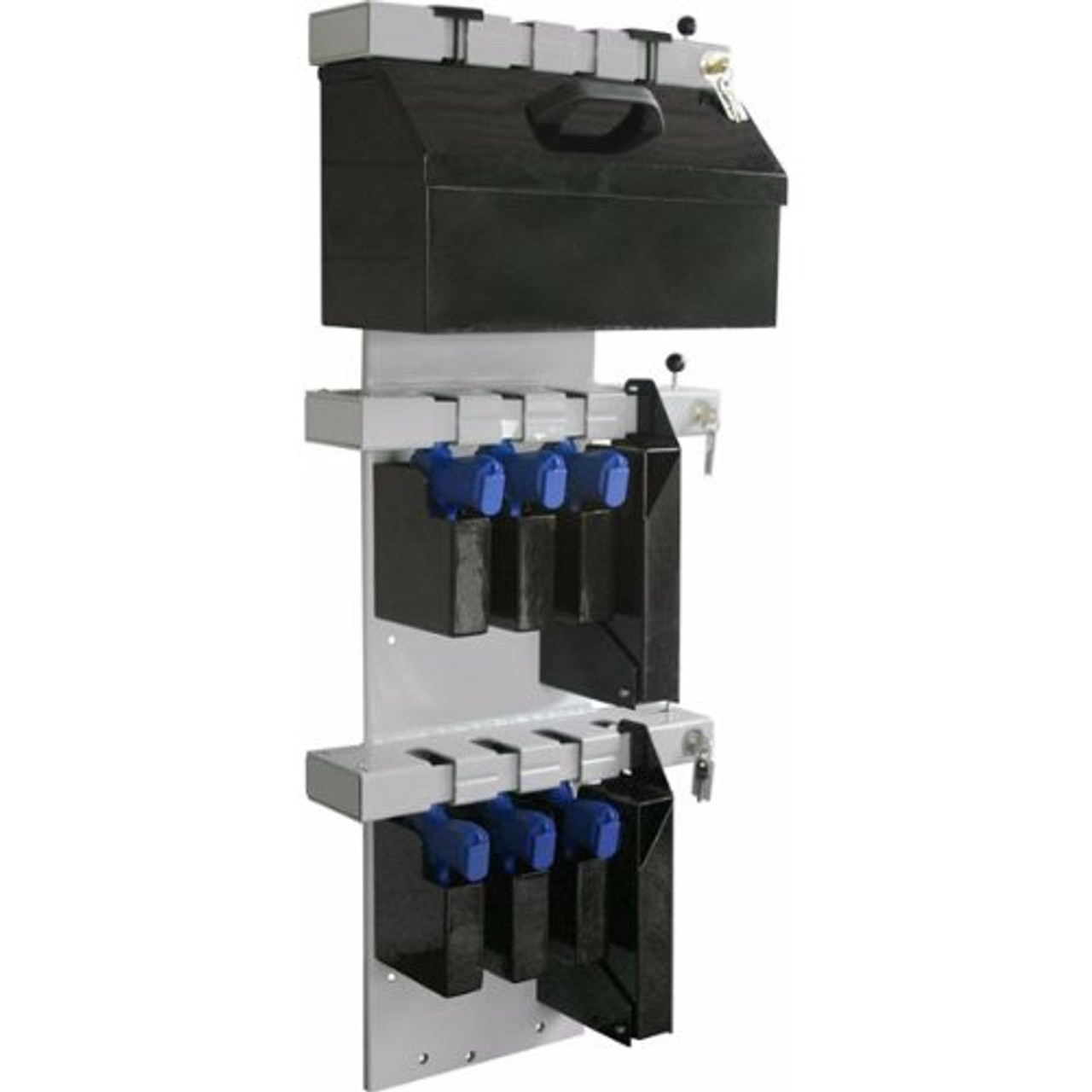 Tufloc 72-210 12 Slot Handgun Storage Gun Rack, Vertical Wall Mount, 47x19x5, Power-Coated Steel, Additional Storage Box Pockets, Small Box Holds 2 Handguns Large Box Holds 4, Lockable