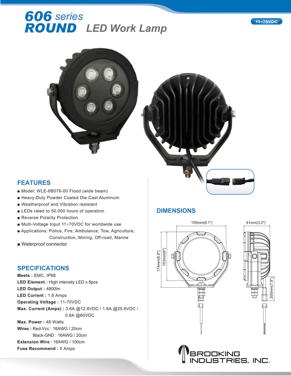 CLOSE OUT - Brooking Industries - WLE-6B076-00  - 6 LED Round Work Light