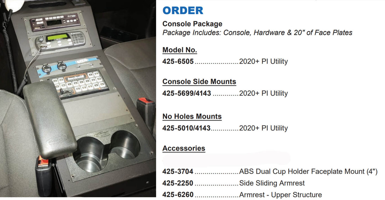 Jotto-Desk 425-6505 Ford Law Enforcement Interceptort PI Utility 2020-2021 Equipment Console to mount sirens, radios, etc., contour, relocates the OEM USB/12V inputs for user convenience, includes faceplates and filler panels