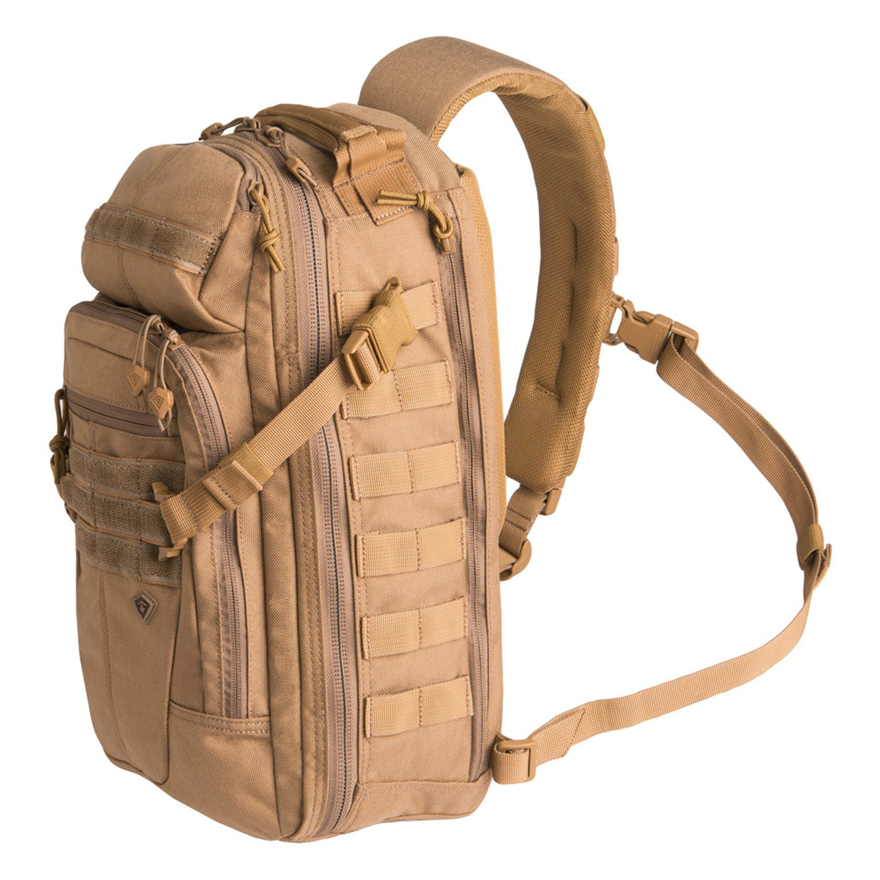 First Tactical 180011 Crosshatch Sling Pack, removable compression strap, adjustable strap, available in Black, Olive Drab and Coyote Brown