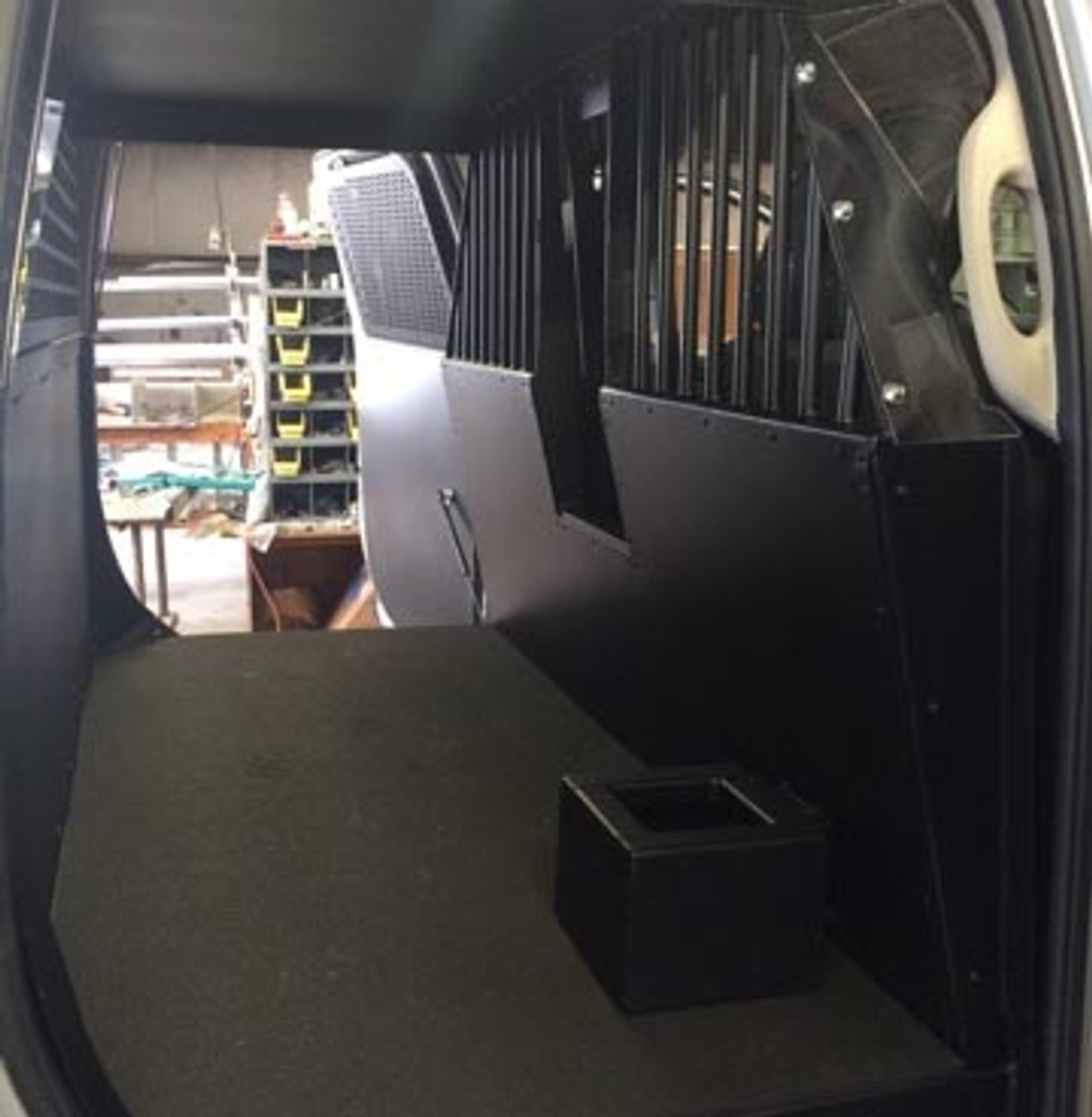 American Aluminum Dodge Ram Crew Cab 2015-2019 EZ Rider Law Enforcement K9 Kennel Transport System, Insert, Black or Aluminum Finish, includes rubber mat, door panels, and window guards
