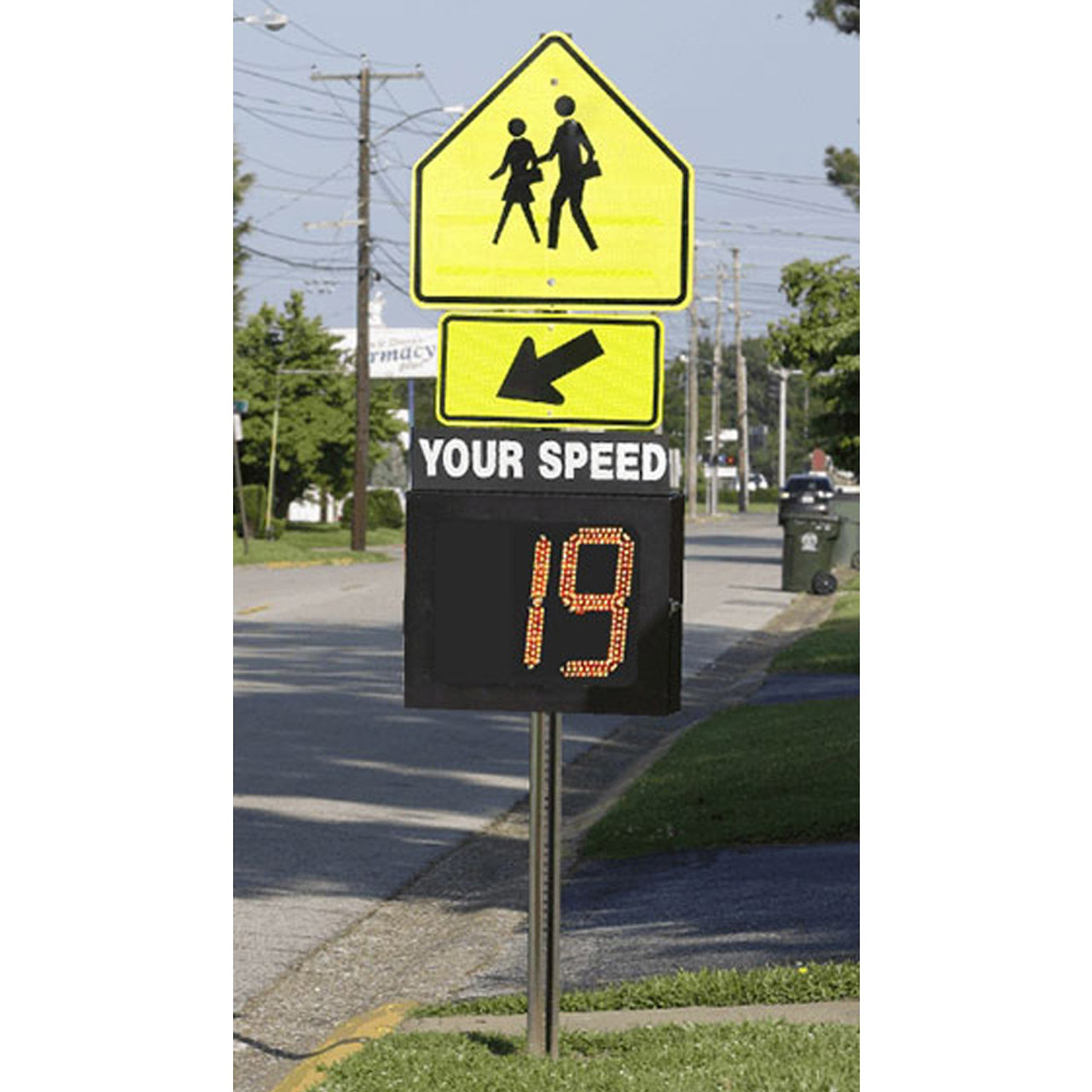 MPH Speed Guardian Radar Speed Display Sign Package, Pole Mount, Pole Not Included, 2-Digit Amber Display with Overspeed Notifications, choose 110 Volt AC, Internal Battery, or Solar Powered