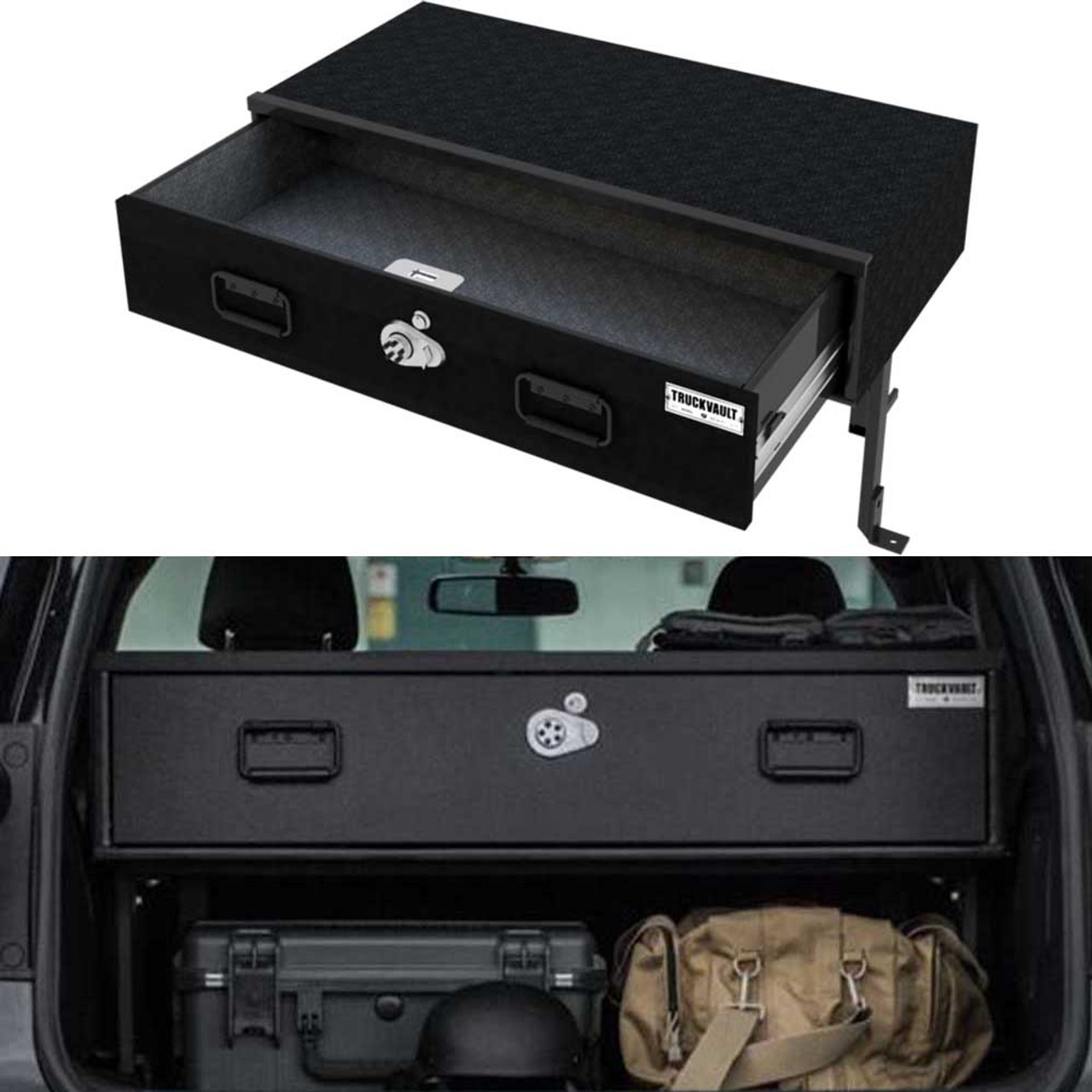 TruckVault Dodge Durango Elevated Series Drawer Storage Unit, 1 Drawer, Choose 6-10 inches Height, Includes Combo Lock and Dividers (2 Short & 2 Long), Carpeted Interior and Top, Still Access Spare Tire, Optional Foam