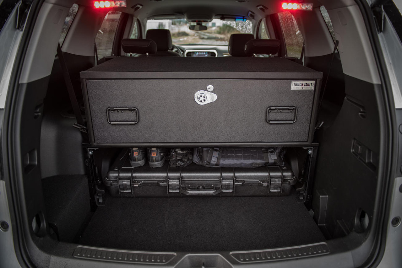 TruckVault Ford Police Interceptor Utility 2013-2019 Elevated Series Drawer Storage Unit, 1 Drawer, Choose 6-10 inches Height, Includes Combo Lock and Dividers (2 Short & 2 Long), Carpeted Interior and Top, Still Access Spare Tire, Optional Foam