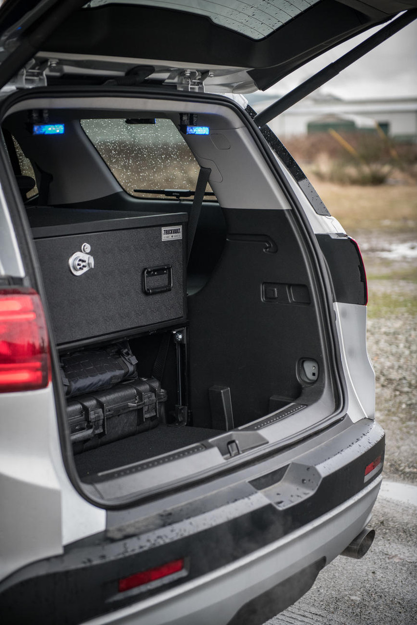 TruckVault Ford Police Interceptor Utility 2020-2021+ Elevated Series Drawer Storage Unit, 1 Drawer, Choose 6-10 inches Height, Includes Combo Lock and Dividers (2 Short & 2 Long), Carpeted Interior and Top, Still Access Spare Tire, Optional Foam