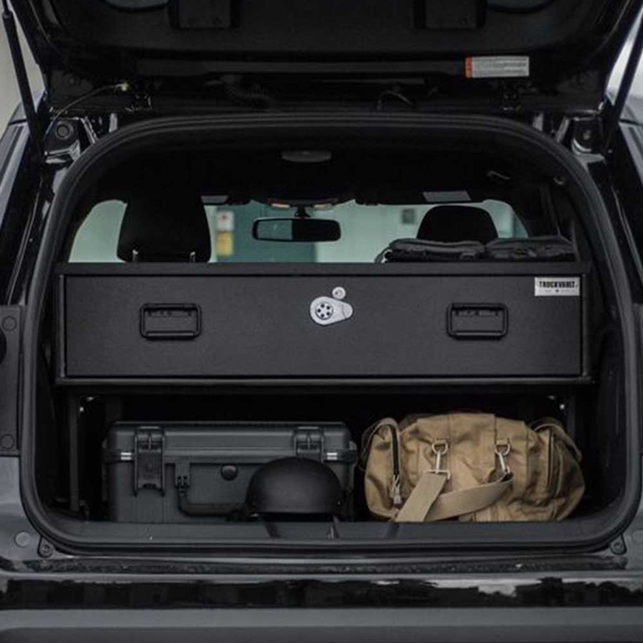 TruckVault Chevy Tahoe 2015-2020 & 2021 Elevated Series Drawer Storage Unit, 1 Drawer, Choose 6-10 inches Height, Includes Combo Lock and Dividers (2 Short & 2 Long), Carpeted Interior and Top, Still Access Spare Tire, Optional Foam and Rubber Mat