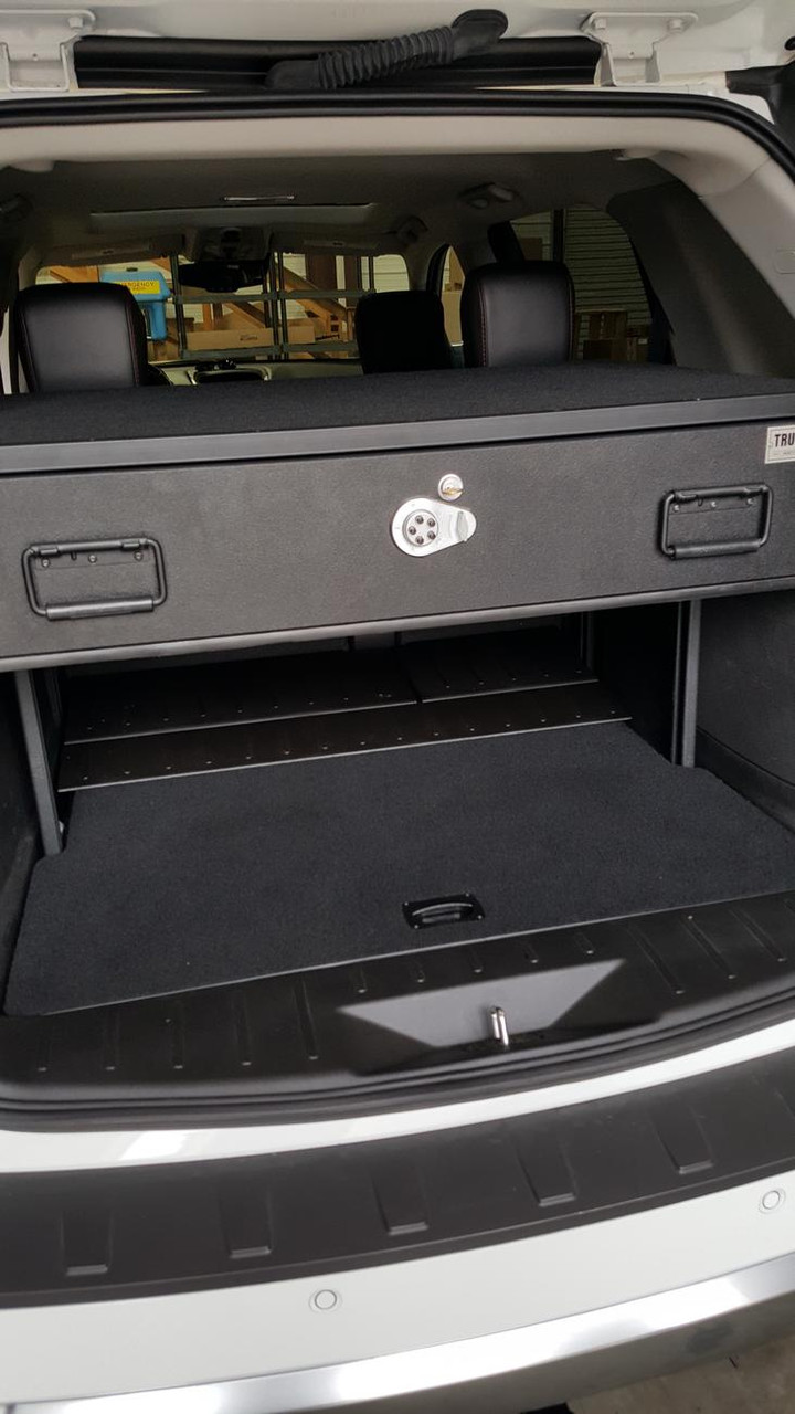 TruckVault Ford Expedition Elevated Series Drawer Storage Unit, 1 Drawer, Choose 6-10 inches Height, Includes Combo Lock and Dividers (2 Short & 2 Long), Carpeted Interior and Top, Still Access Spare Tire, Optional Foam and Rubber Mat
