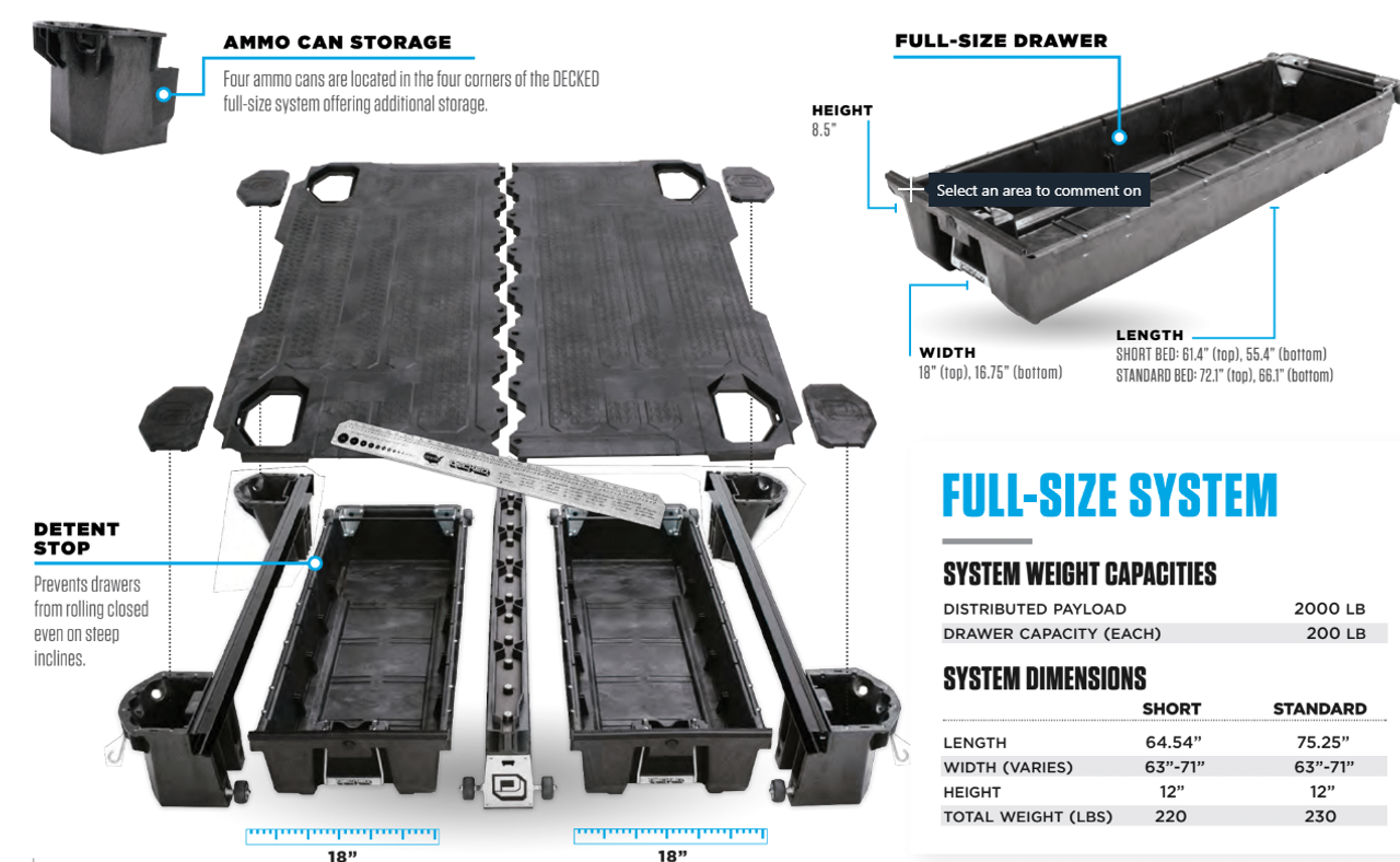 Decked Pickup Truck Weatherproof Storage System with 2 Sliding Drawers, FULL-SIZE, 2000 lb payload, easy install with minor or no drilling, fits Ford Raptor, F-150, Super Duty; GMC & Chevy Silverado, Sierra; Dodge Ram; Toyota Tundra; Nissan Titan