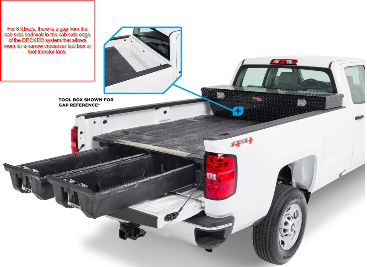 Decked Pickup Truck Weatherproof Storage System with 2 Sliding Drawers, FULL-SIZE, 2000 lb payload, easy install with minor or no drilling, fits Ford Raptor, F-150, Super Duty; GMC & Chevy Silverado, Sierra; Dodge Ram; Toyota Tundra; Nissan Titan