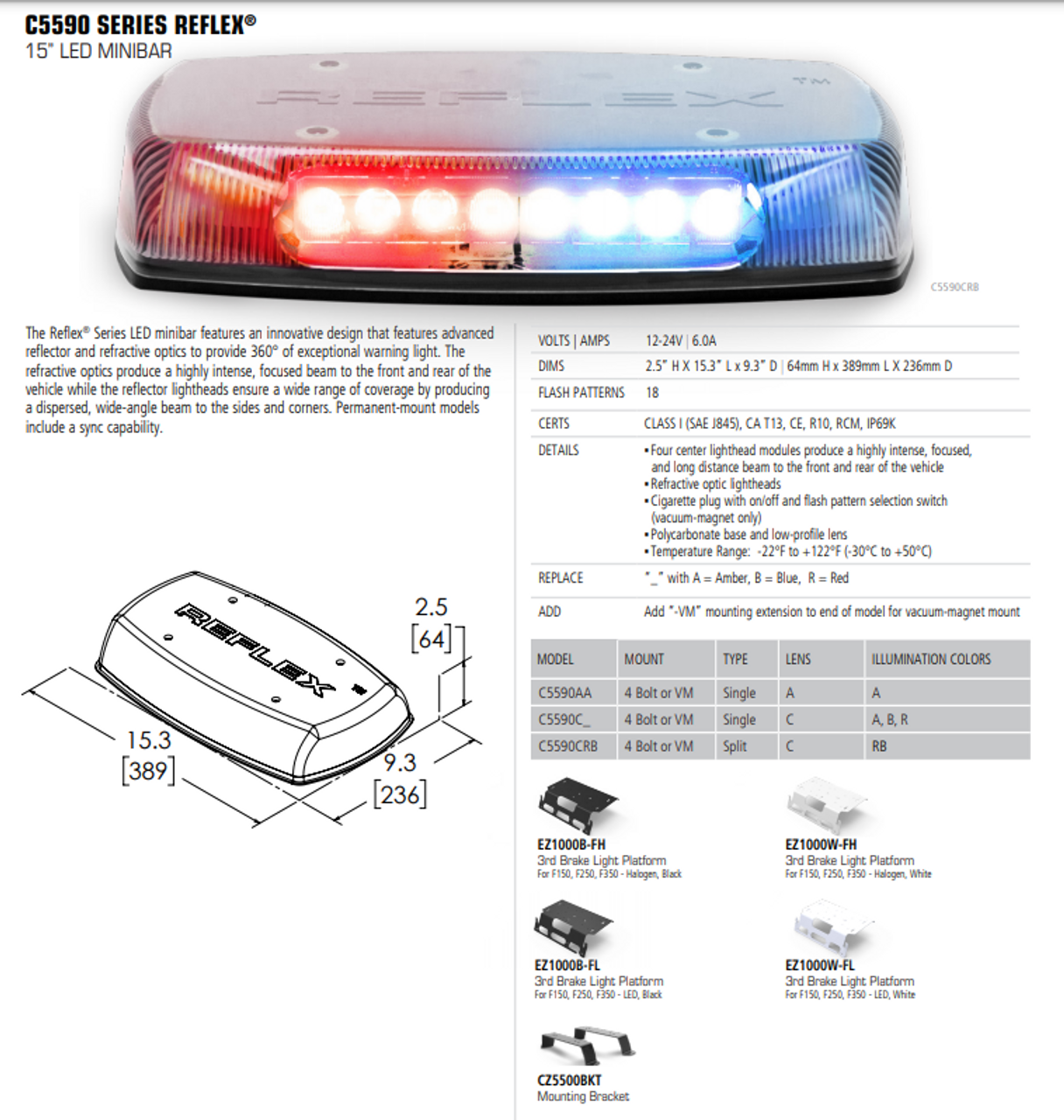 Code-3 C5590 Series Reflex, Permanent or Vacuum Mount 15" LED Mini Bar