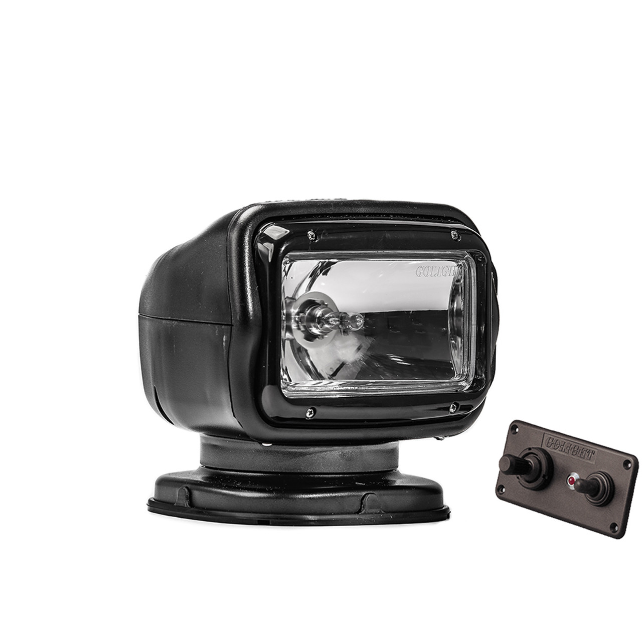 Golight 2021  Remote Control Halogen Searchlight, with Permanent mount, includes Hardwired Dash Mount Remote, 20 ft Wiring Harness with Quick Disconnects for Easy Installation, Mounting Hardware, and Rockguard Lens Cover, available in White or Black