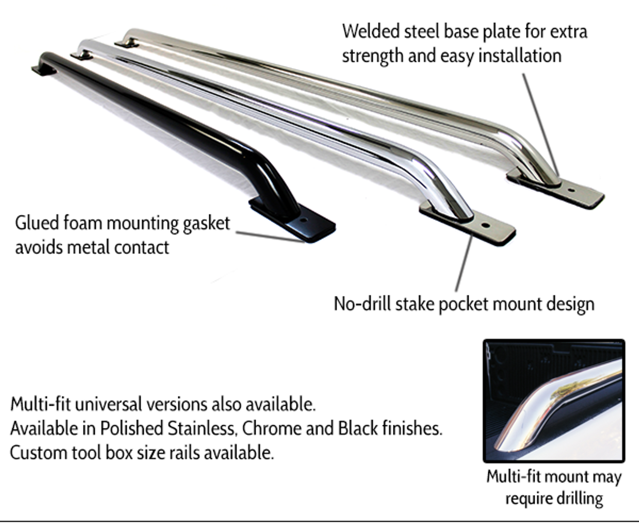 Go Rhino 8048PS Universal Bed Rails - 4 Ft. Long - With base plates - Stainless, Stake Pocket Bed Rails, Polished Stainless Steel, Mounting Kit Included, Fits Ford Chevrolet Toyota Jeep, Dodge, Nissan, Buick GMC